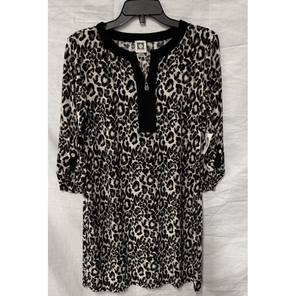 Anne Klein Petite Leopard Print Shift Dress 3/4 Roll Tab Sleeve Zip Neck 6P